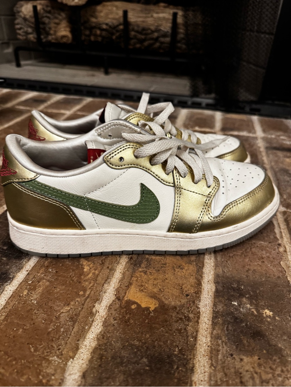 Air Jordan Low-Top Sneakers in White, Metallic Gold & Olive Green